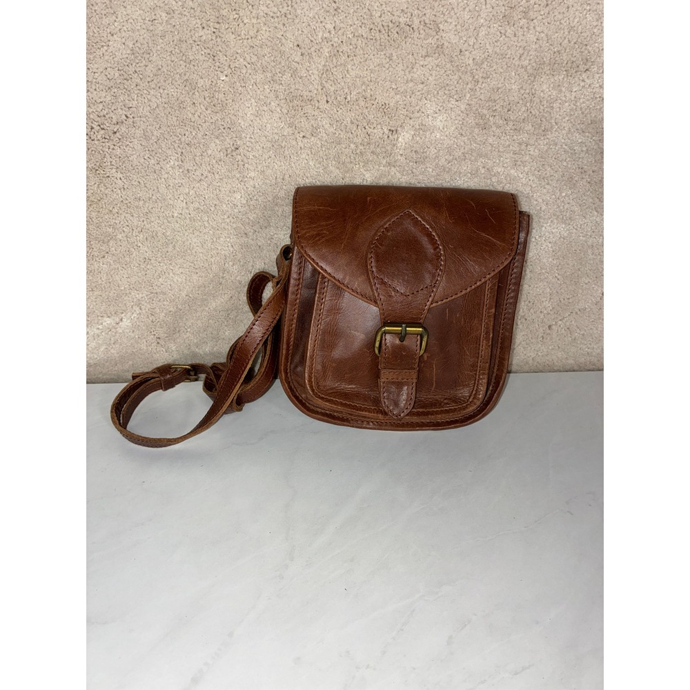 JOYN Brown Leather Crossbody Bag - Small - Buckle Flap Boho Artisan Hand-Blocked